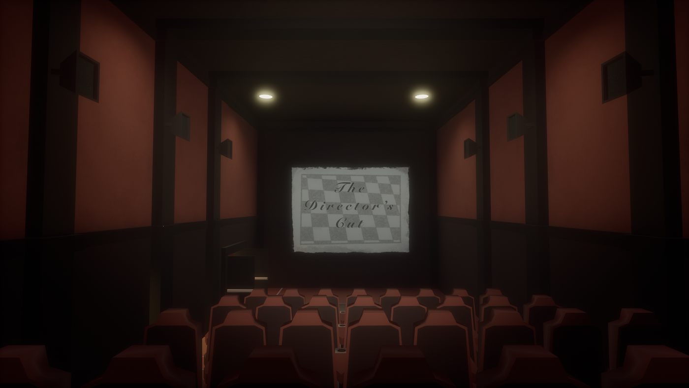 The Director's Cut: a dim private cinema with red seats and the title on screen
