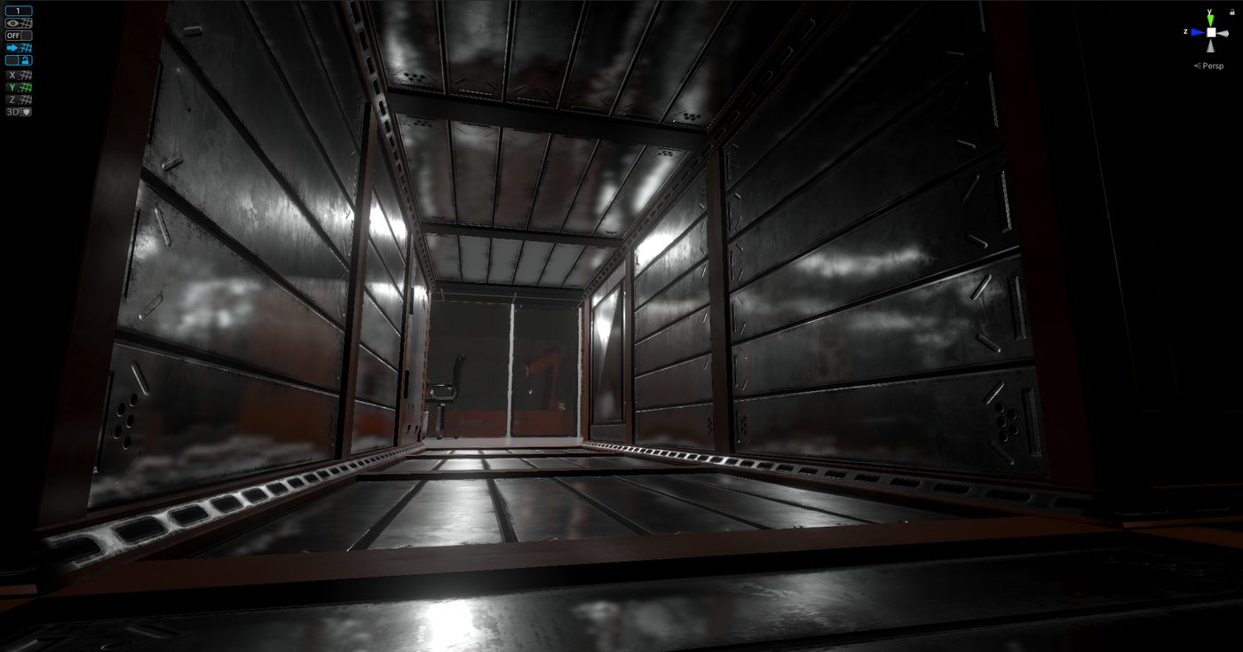 Project S: a dark metal corridor in a stealth level