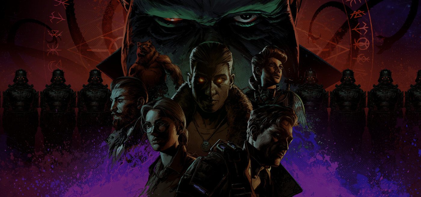 Sumerian Six key art: the squad standing in front of a looming villain