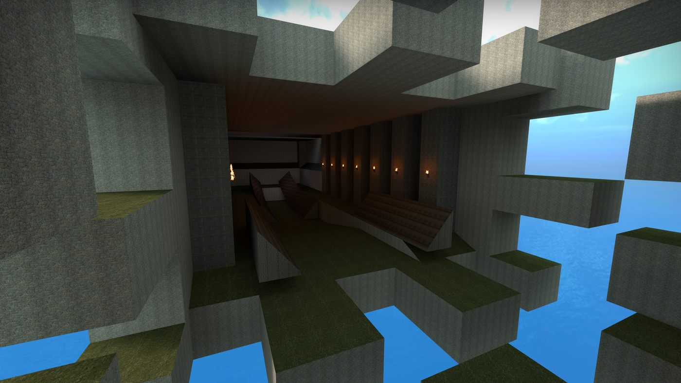 Surf map built for testing the movement system: floating stone platforms and ramps over a sky box